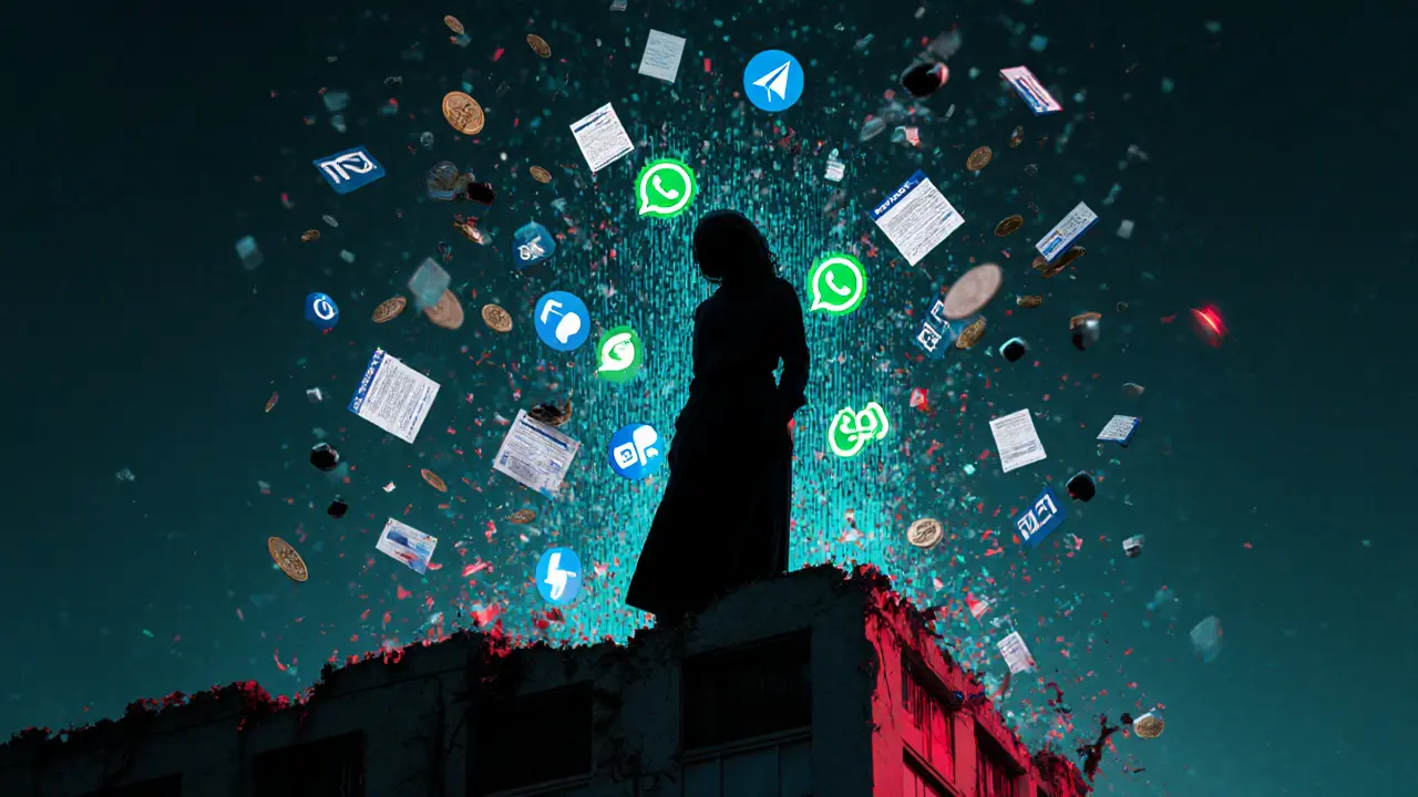 A digital silhouette of a woman formed from encrypted apps and falling money, standing before a collapsing hotel.