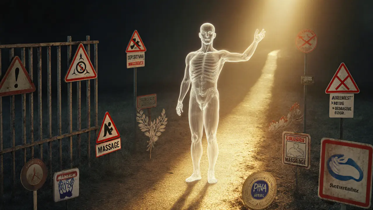 A person choosing between a dangerous path marked with legal warnings and a safe, glowing wellness path in Dubai.