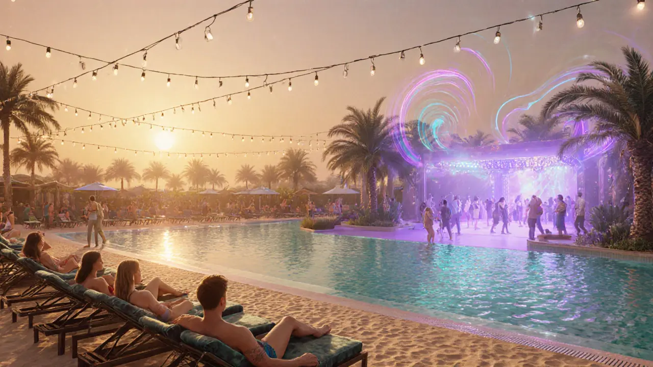 Beach club at sunrise with poolside loungers, string lights, and soft dawn light blending with club ambiance.