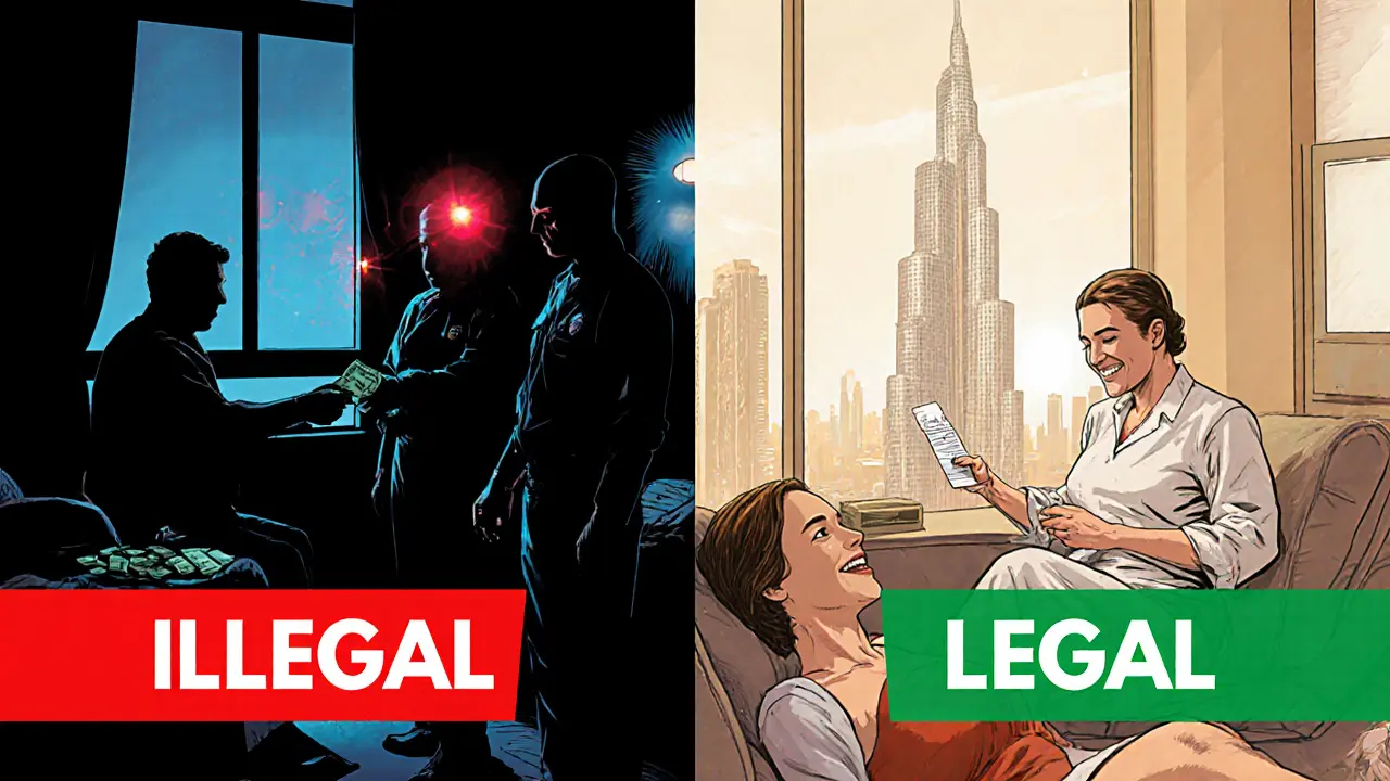 Contrasting comic-style scenes: illegal massage parlor with police raid vs. licensed spa with DHA license and happy clients.