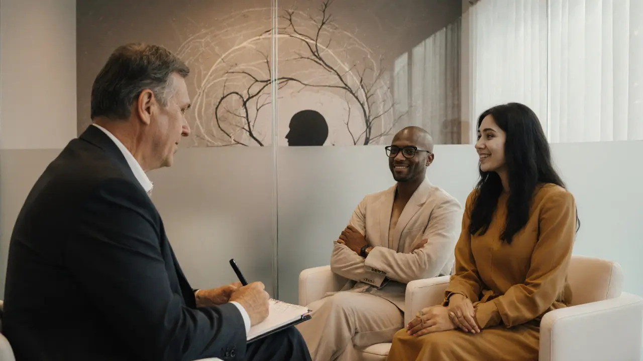 Couple in therapy session with supportive therapist, warm lighting showing progress in communication.