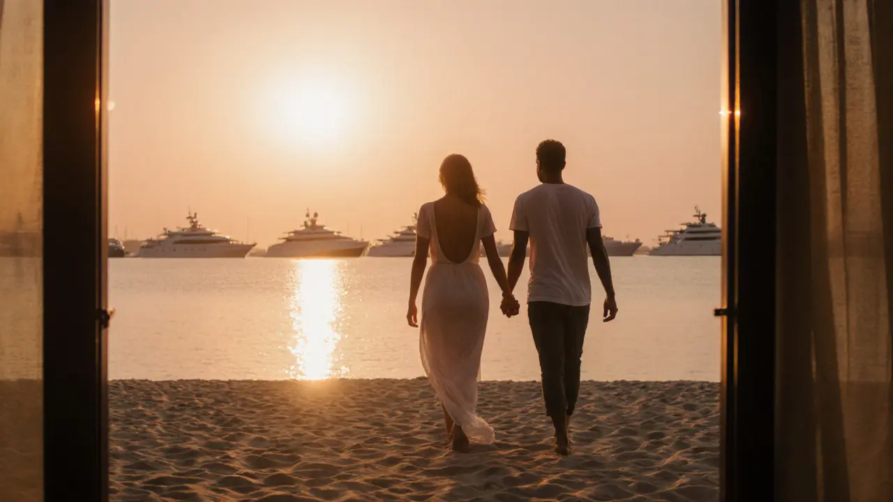 Couple walking hand‑in‑hand on Jumeirah Beach at sunset after a spa session.