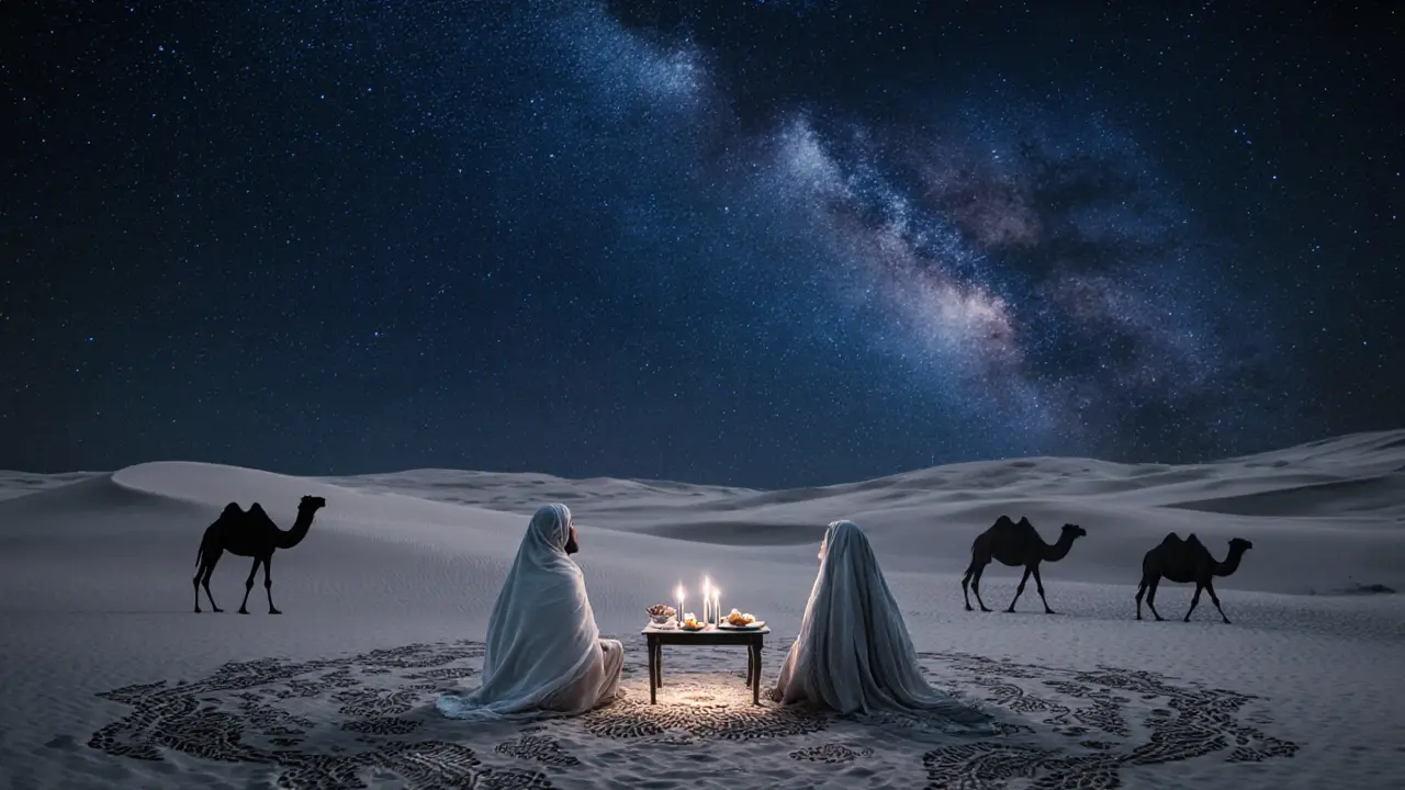 Couples stargazing in a quiet desert camp under the Milky Way with candlelit table and dunes.
