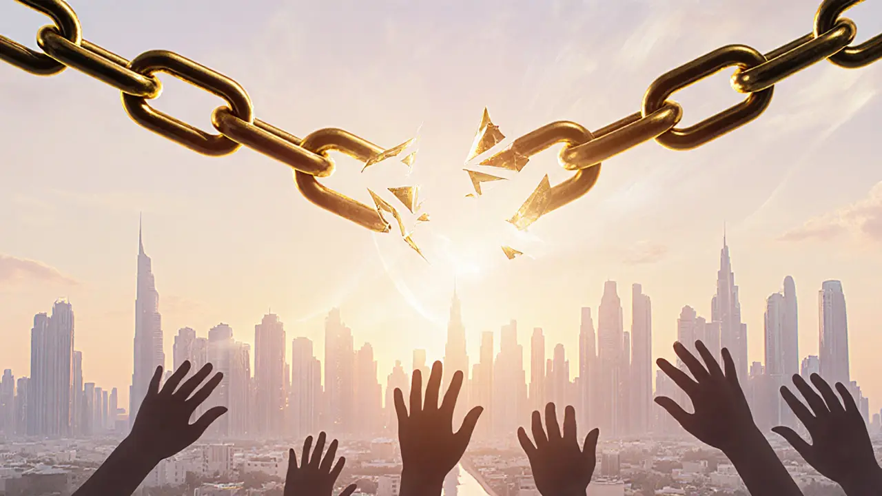 Cracked golden chain over Dubai skyline with hands reaching upward.