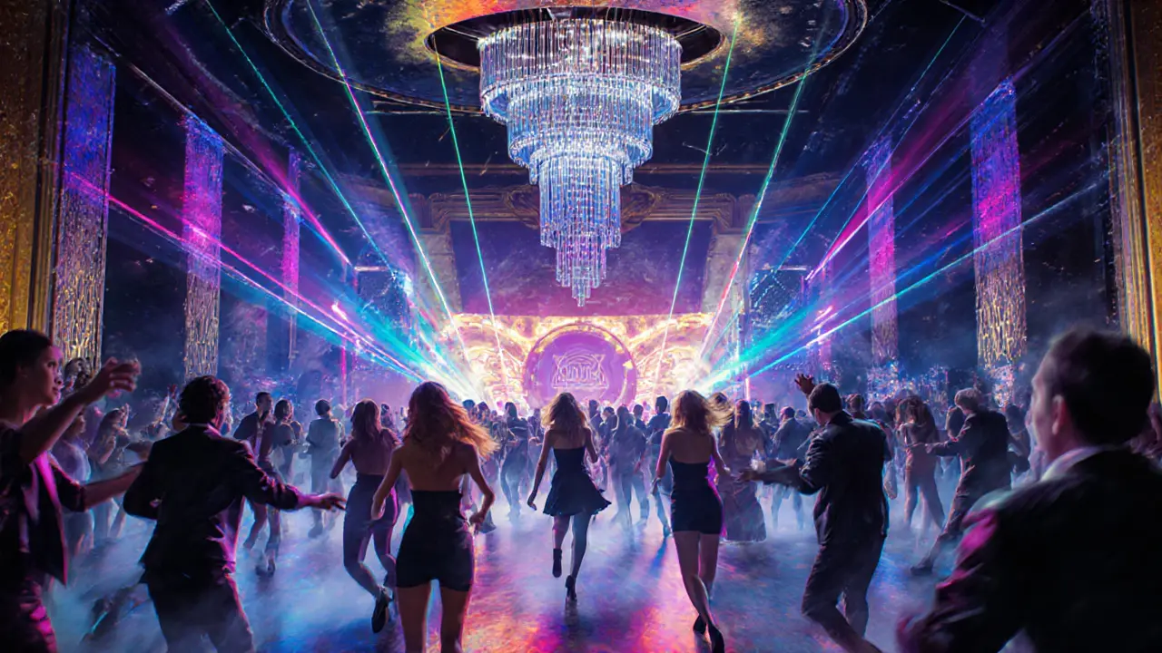 Crowded dance floor at Cavalli Club with DJ booth, neon lights, fashionable dancers.