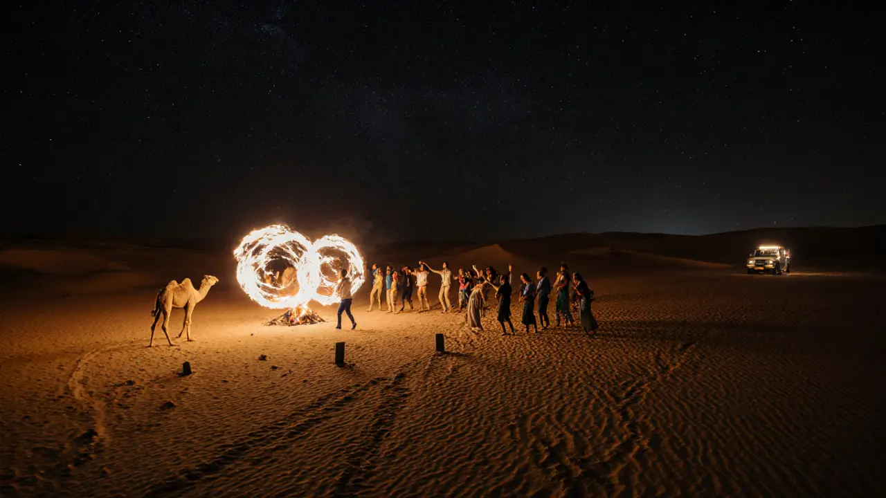 Desert party under stars with fire dancers, LED camels, and bonfire surrounded by dancing guests.