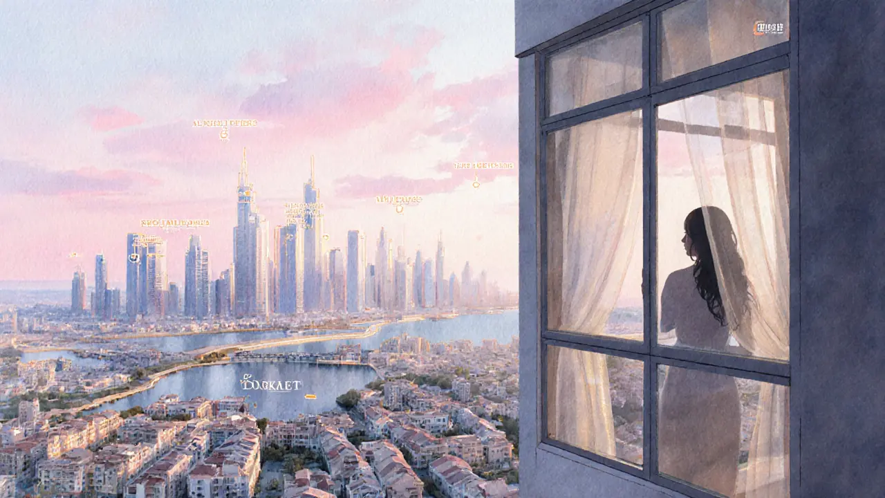 Dubai skyline with highlighted districts and a subtle silhouette behind a curtain, indicating hidden luxury.