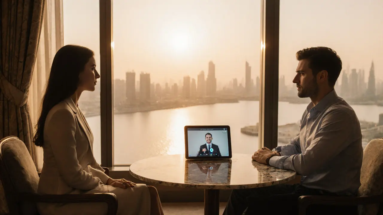 Elegant hotel lounge where a companion and client discuss a booking on a tablet.