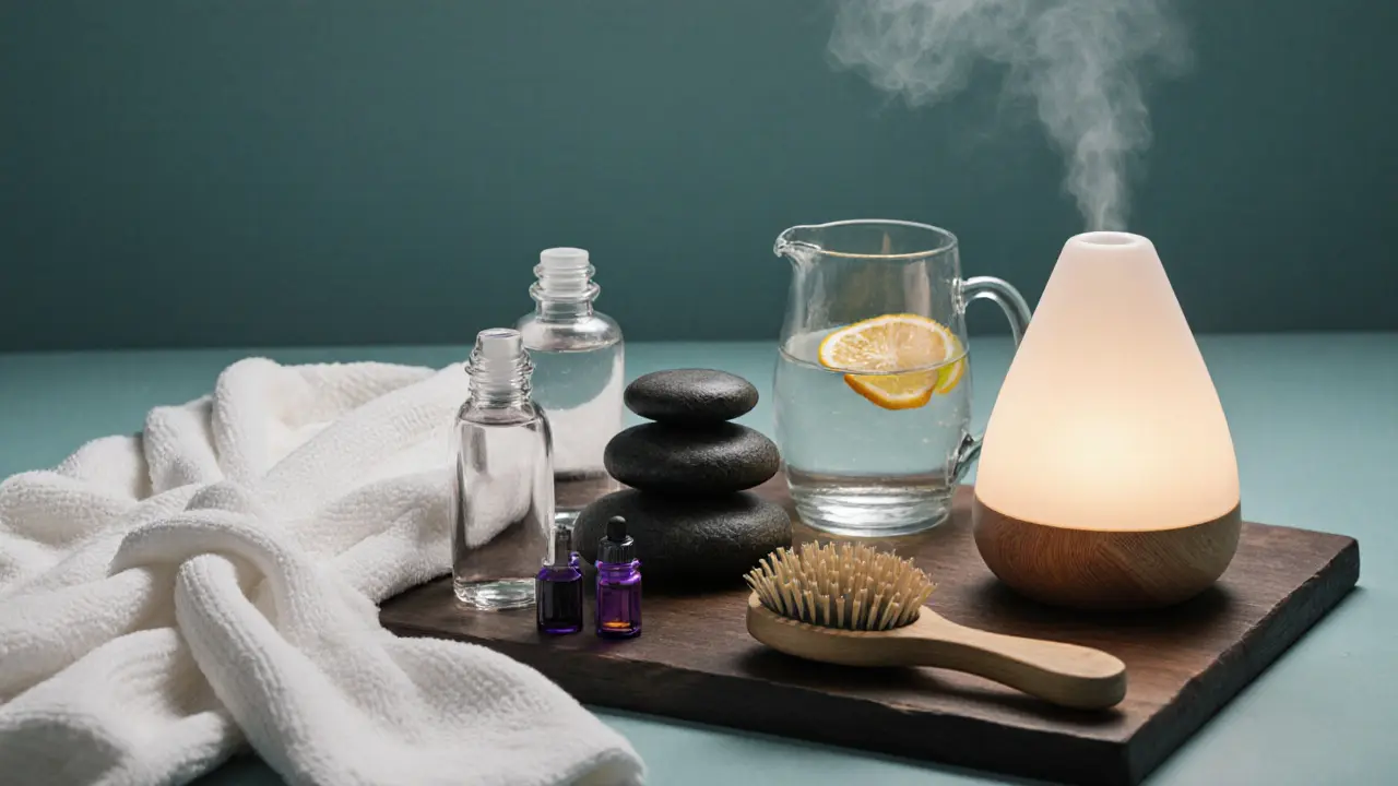 Flat‑lay of spa oils, heated stones, silk robe and diffuser on wooden tray.