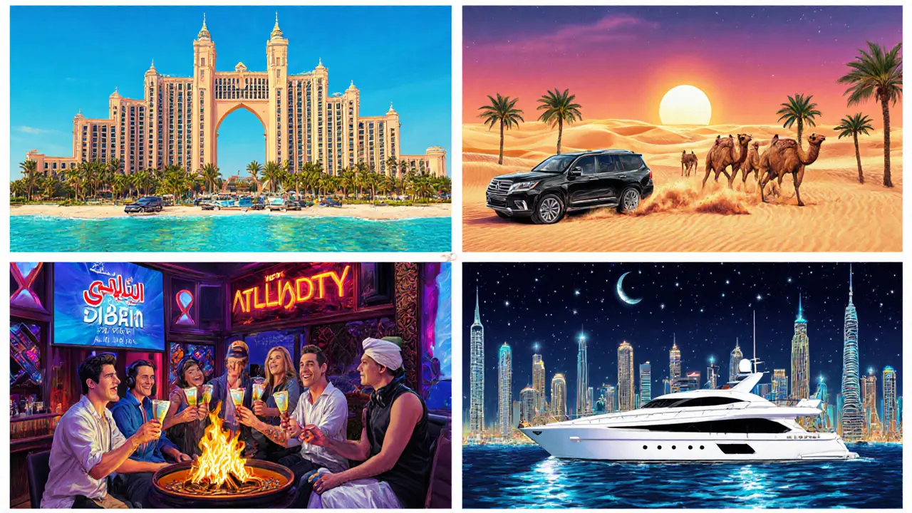 Four‑panel illustration showing hotel check‑in, desert safari, rooftop bar, and yacht cruise in Dubai.