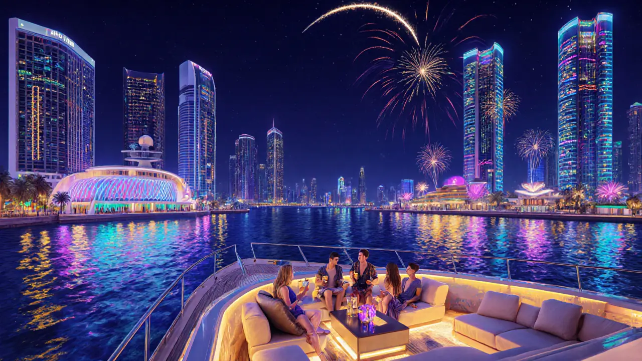 Friends on a yacht deck watching fireworks in Dubai Marina nightlife.