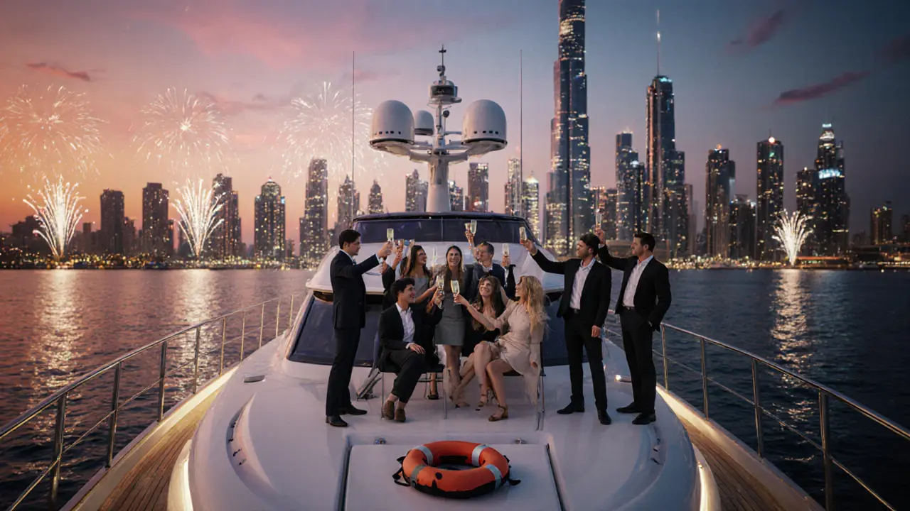 Group celebrating on a yacht at sunset in Dubai Marina with fireworks and city lights.