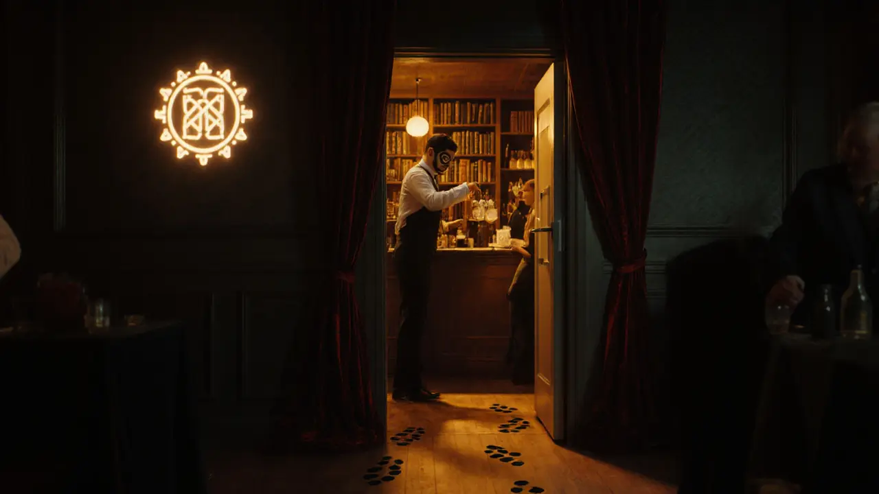 Hidden speakeasy behind a refrigerator, dimly lit with guests and a glowing riddle on the wall.