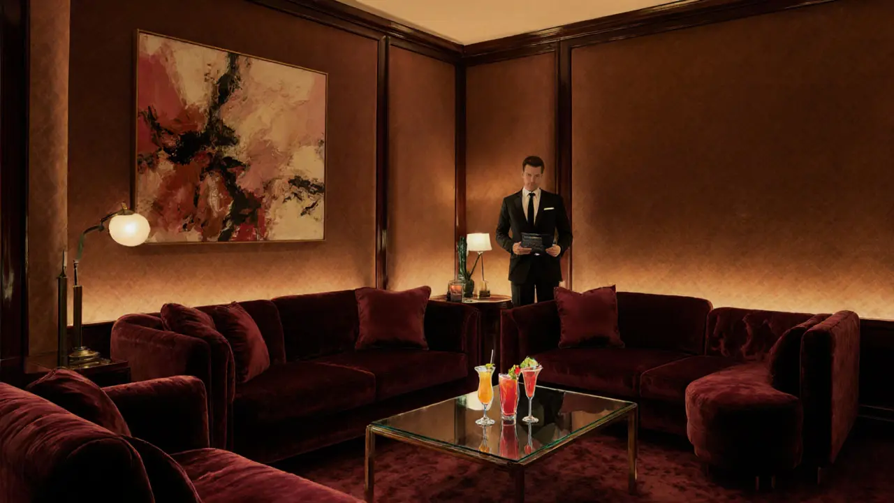 Luxurious private suite interior with velvet seating, cocktail table, and concierge attending.