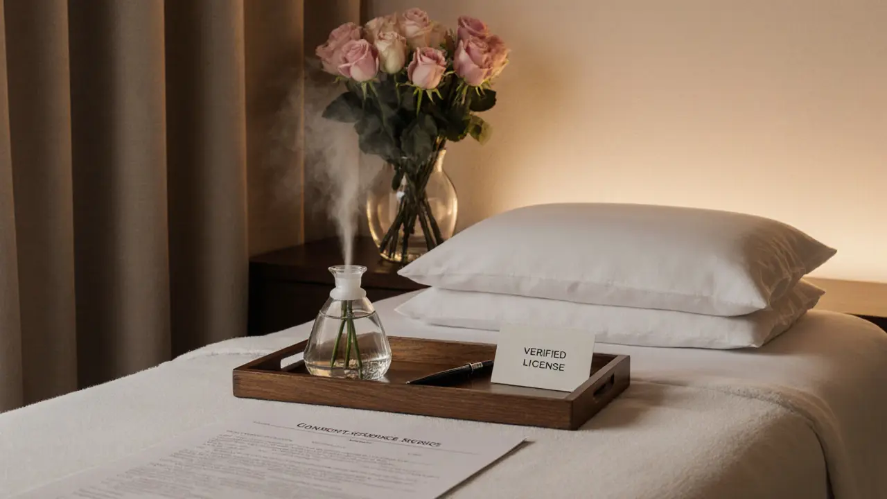 Luxurious spa suite with consent form, linens, and aromatherapy diffuser.