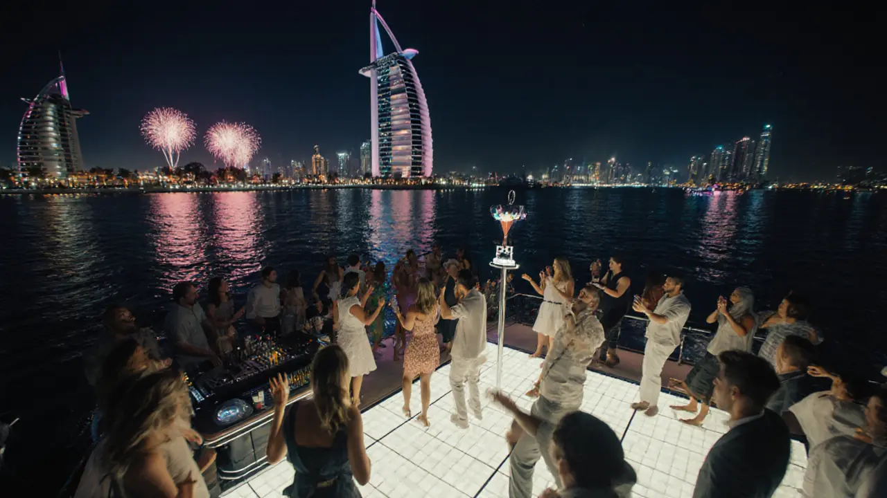 Luxury yacht party at night with DJ, champagne bar, dancers, and fireworks near the Palm.