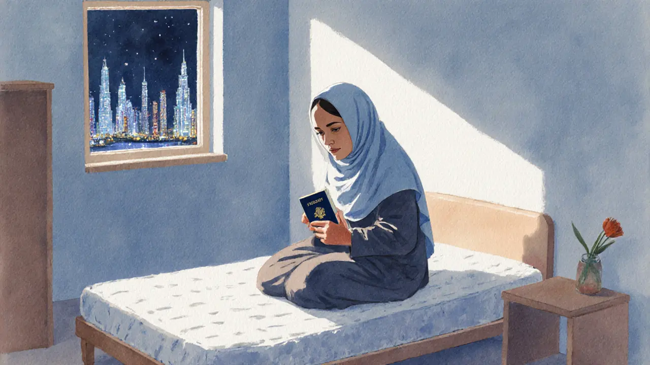 Migrant woman holding a passport in a small room with city lights outside.