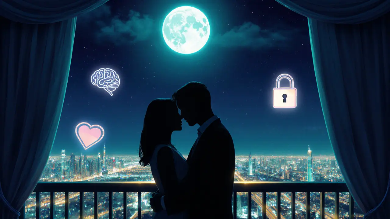 Nighttime balcony scene with silhouetted couple, floating brain, heart, and lock symbols.