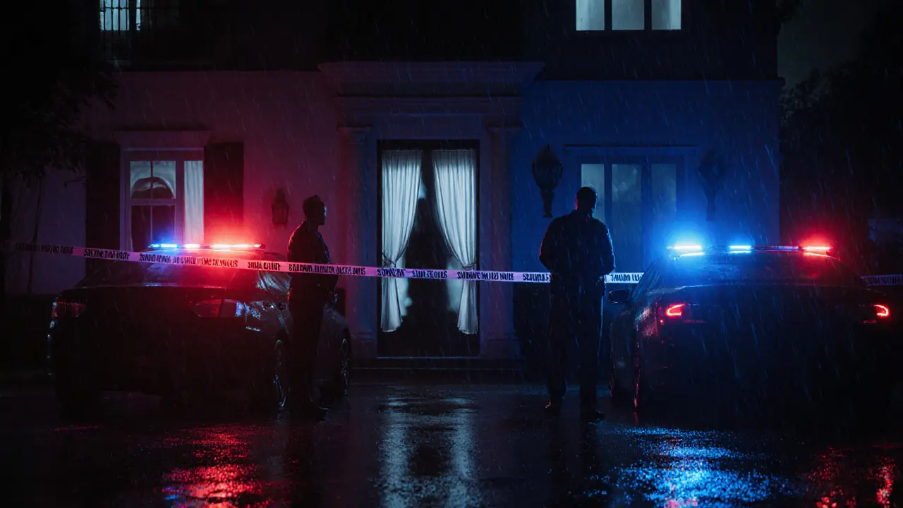 Nighttime police raid on a villa with flashing lights and a shadowed figure behind curtains.