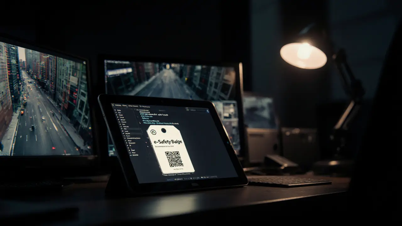 Office monitors display surveillance; tablet shows e‑Safety badge and crypto wallet QR code.