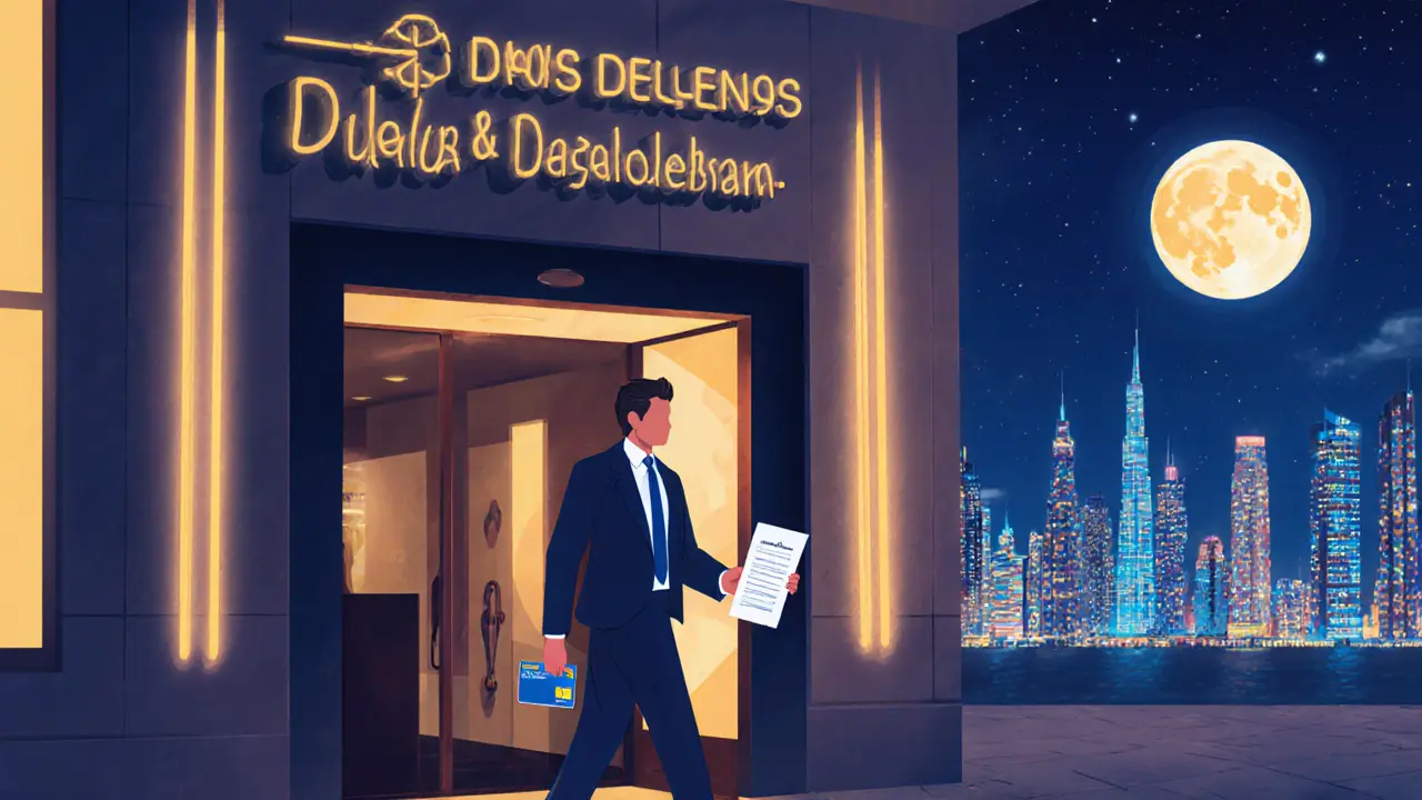 Person exits upscale Dubai wellness center holding receipt and keycard.