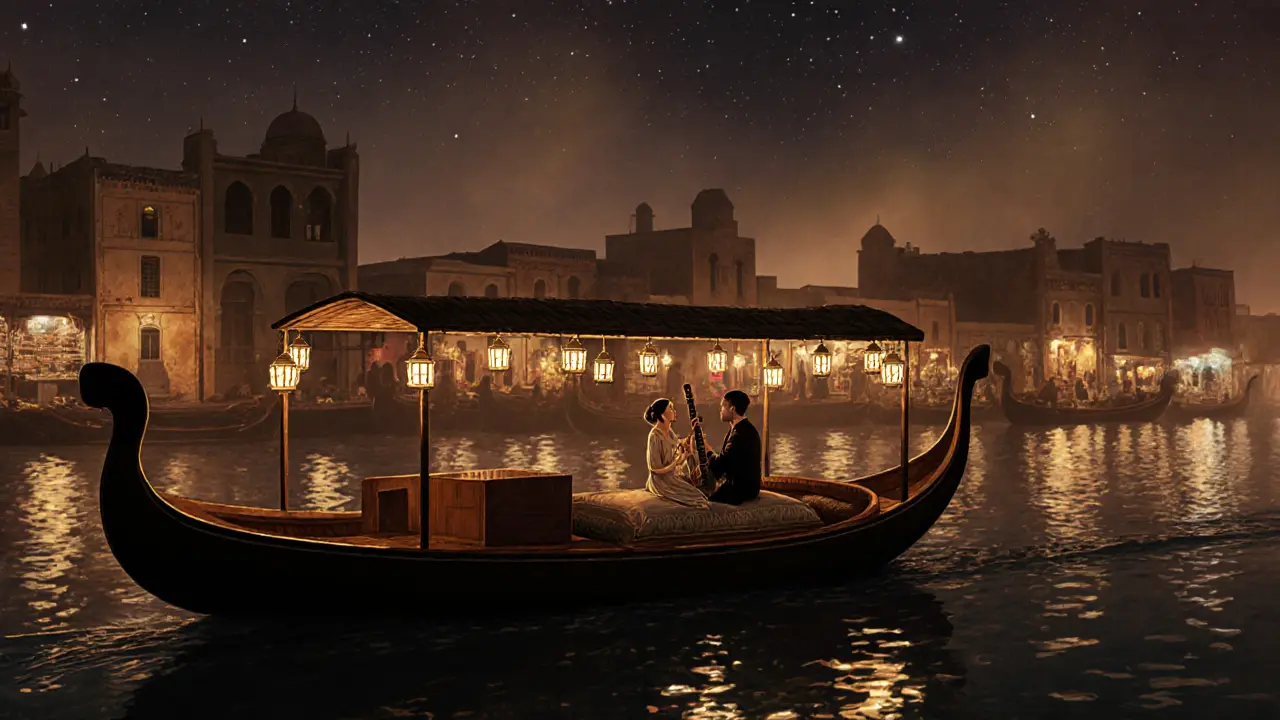 Private dhow cruise on Dubai Creek at night with lanterns, oud player, and historic skyline reflections.