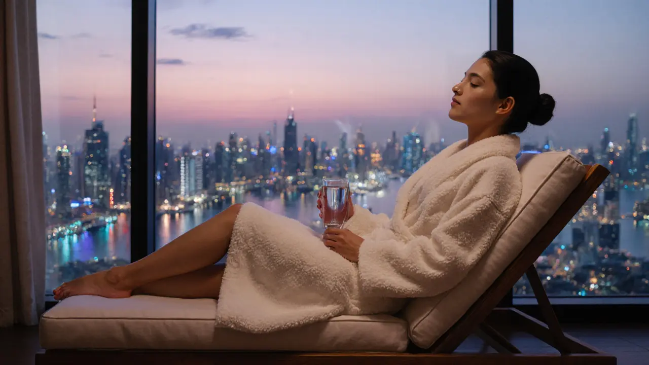 Relaxed client in a robe drinking water by a window with the Dubai Marina skyline at sunrise.