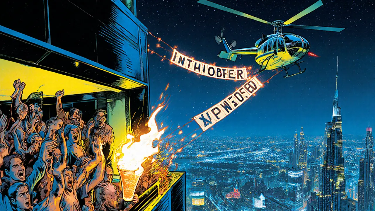 Rooftop bar celebration with flaming drinks and a hovering helicopter in neon night colors.