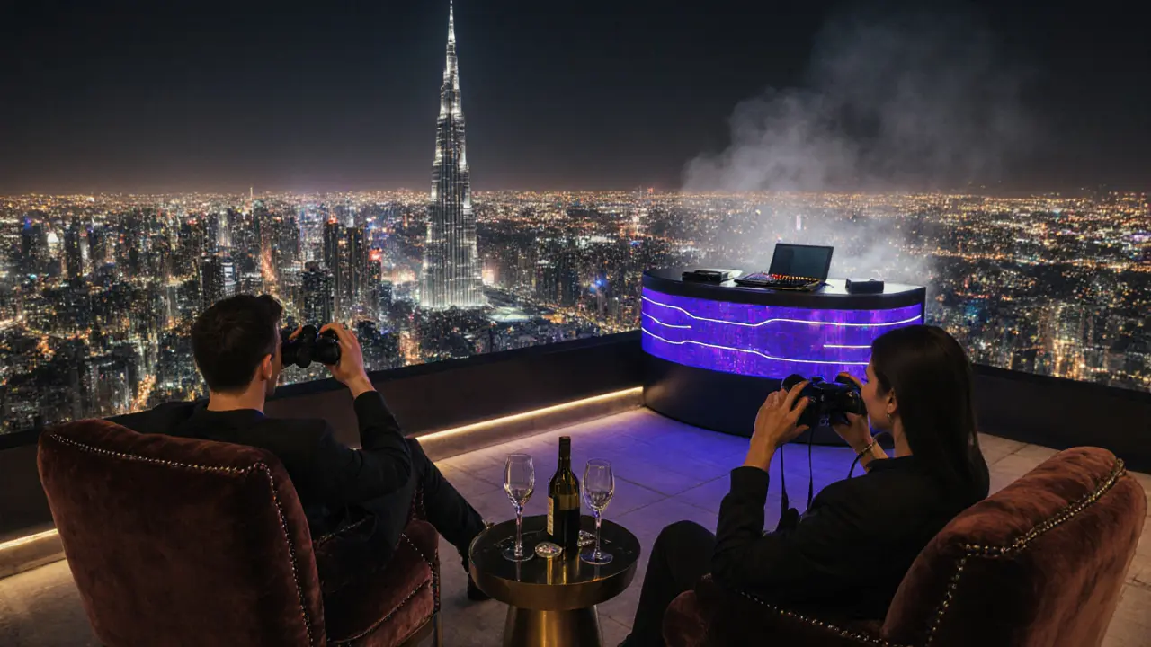 Rooftop terrace at night showing couple with wine, binoculars aimed at Burj Khalifa, city skyline.