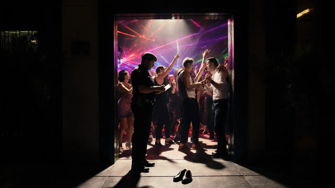 Security check at a Dubai club entrance as dancers glow with neon lights behind.