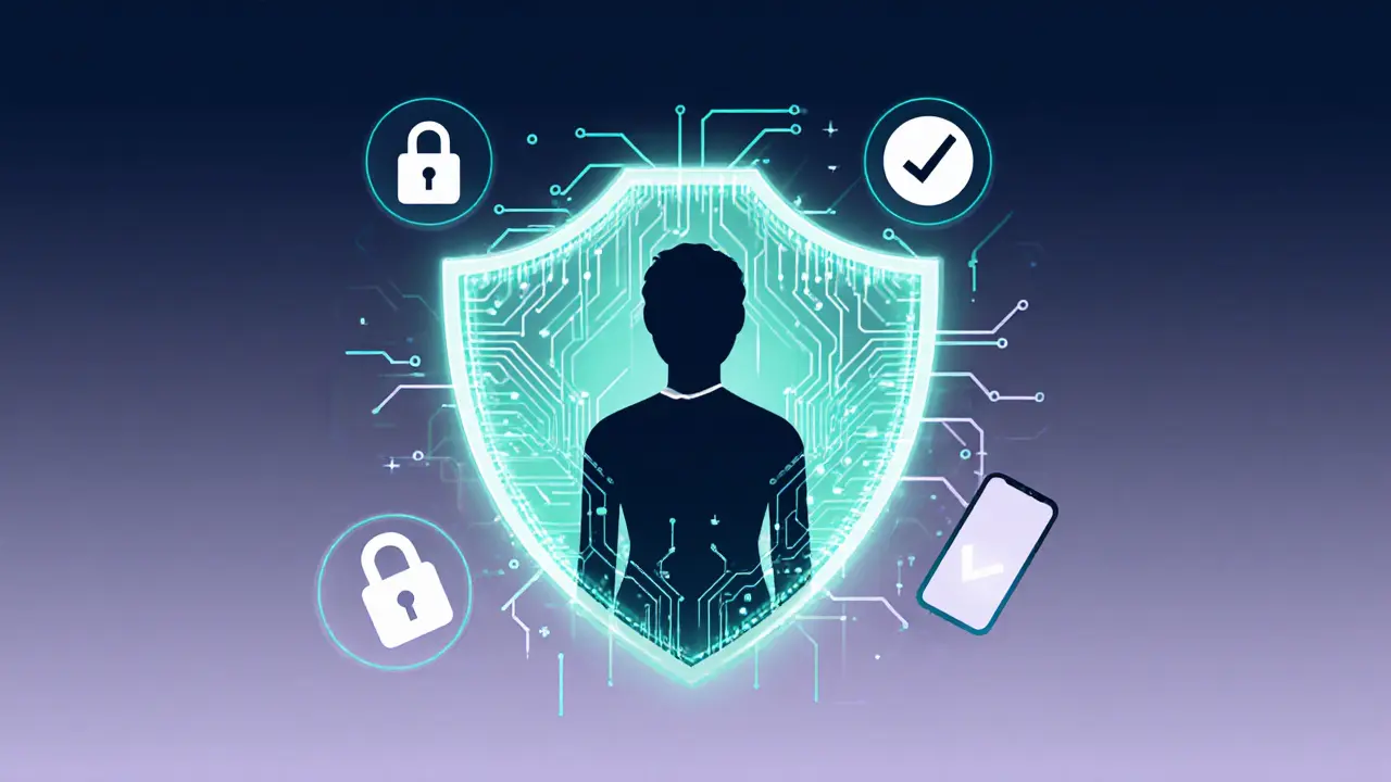 Silhouette inside a digital shield with icons representing safety and verification.