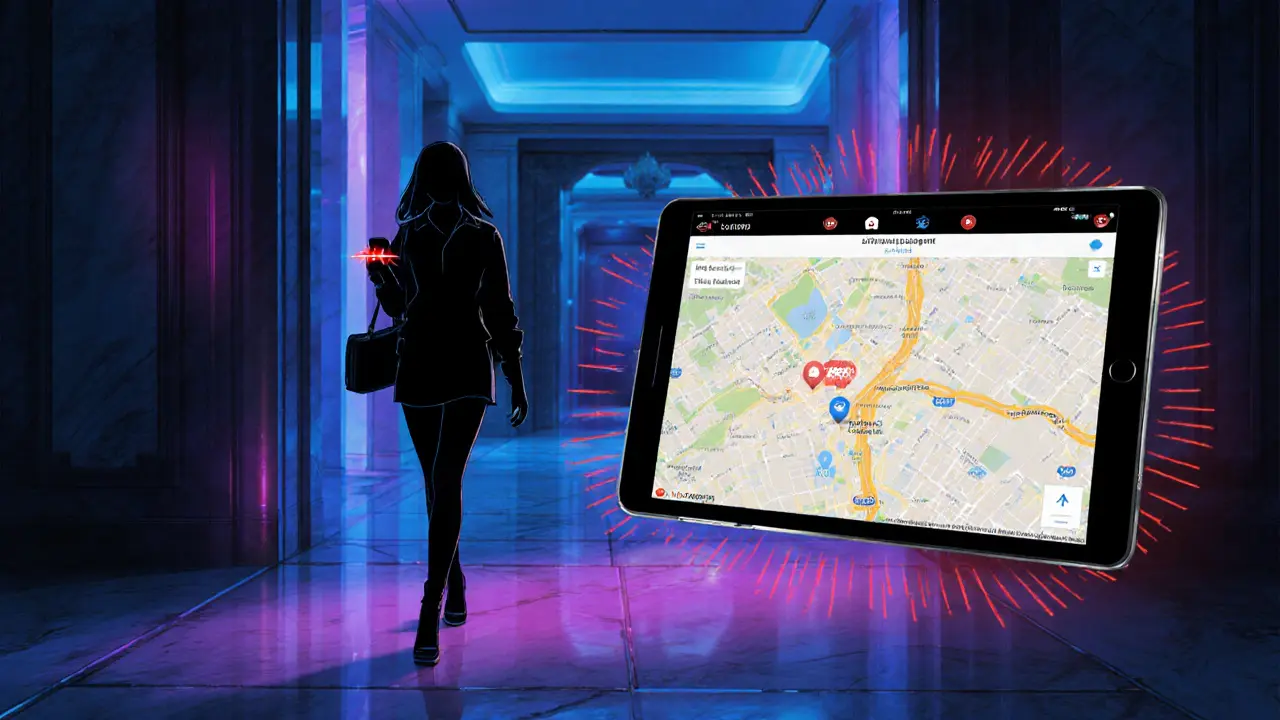 Silhouette triggers panic button; contact's tablet shows location alert in a hotel lobby.