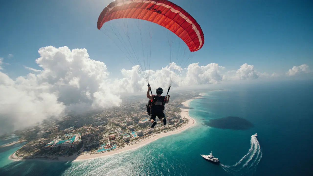 Skydiver descending over Palm Jumeirah with resorts and yacht visible below.