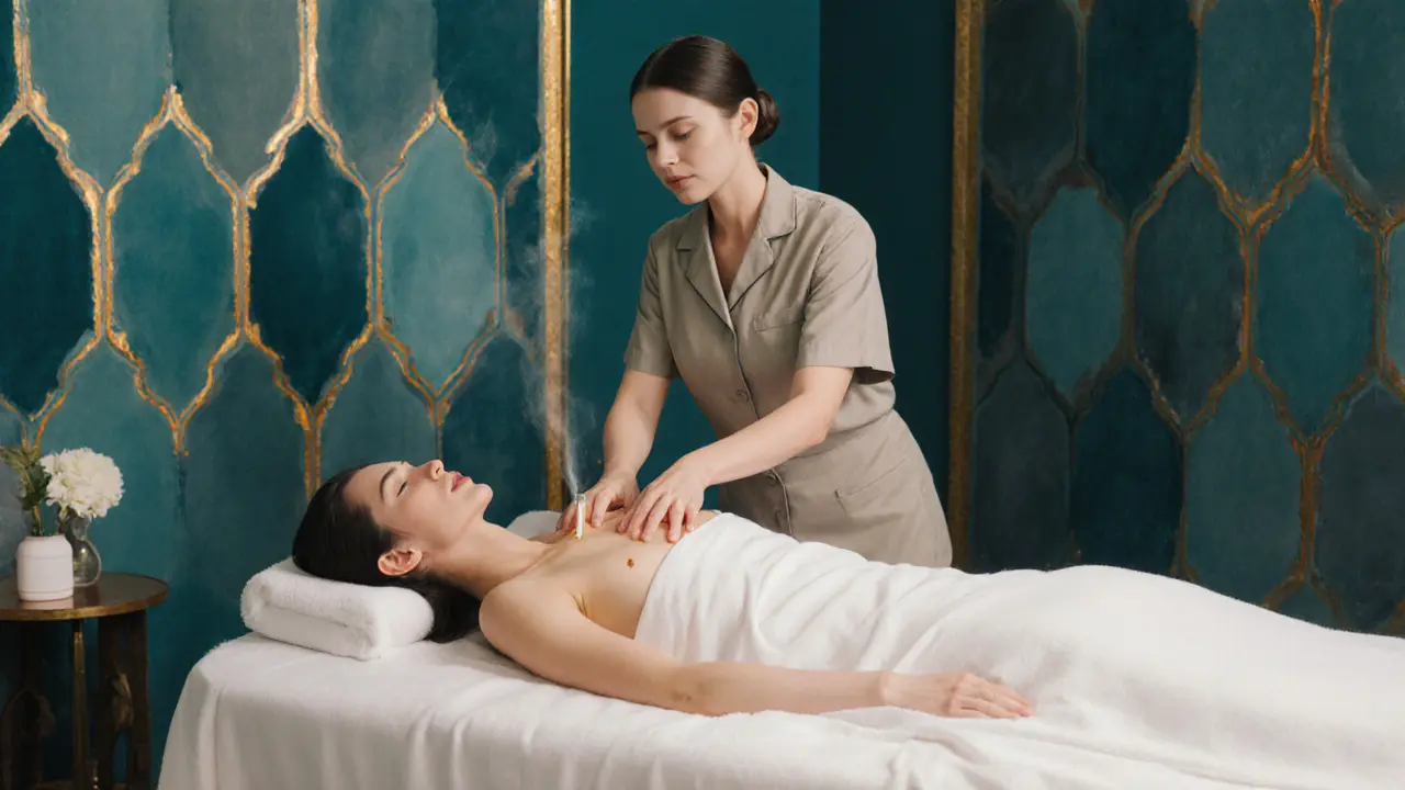 Therapist giving a side‑by‑side sensual couples massage in a softly lit spa room.