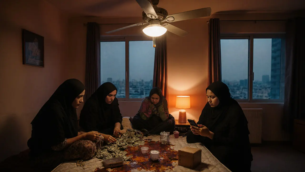 Three migrant women in a cramped Dubai apartment share a meal and check phones under dim light.