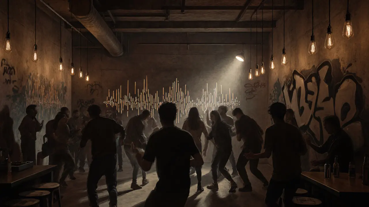 Underground techno club with industrial decor, dim lighting, and a vibrant crowd lost in music.