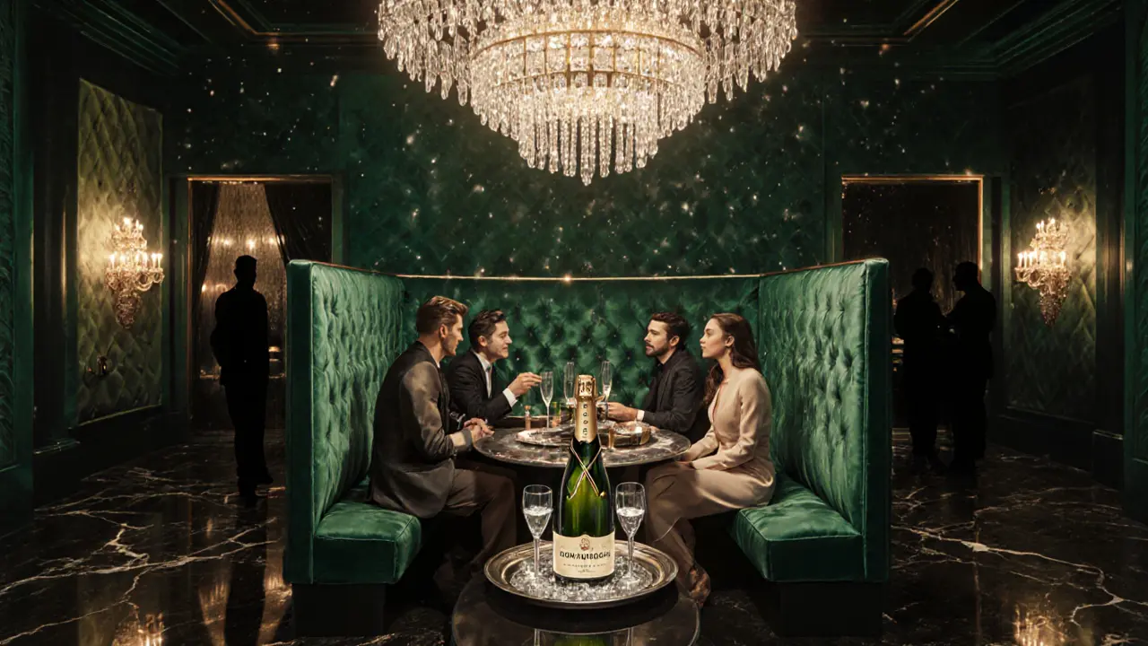 VIP table inside Cavalli Club with silk walls, crystal chandelier, bottle of Dom Pérignon.