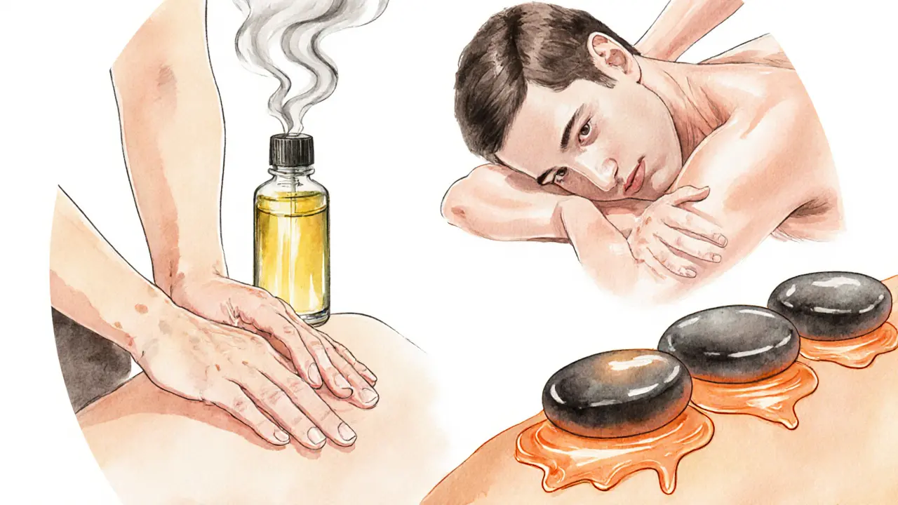Watercolor collage showing Swedish, deep‑tissue, aromatherapy, Arabic and hot‑stone massages.