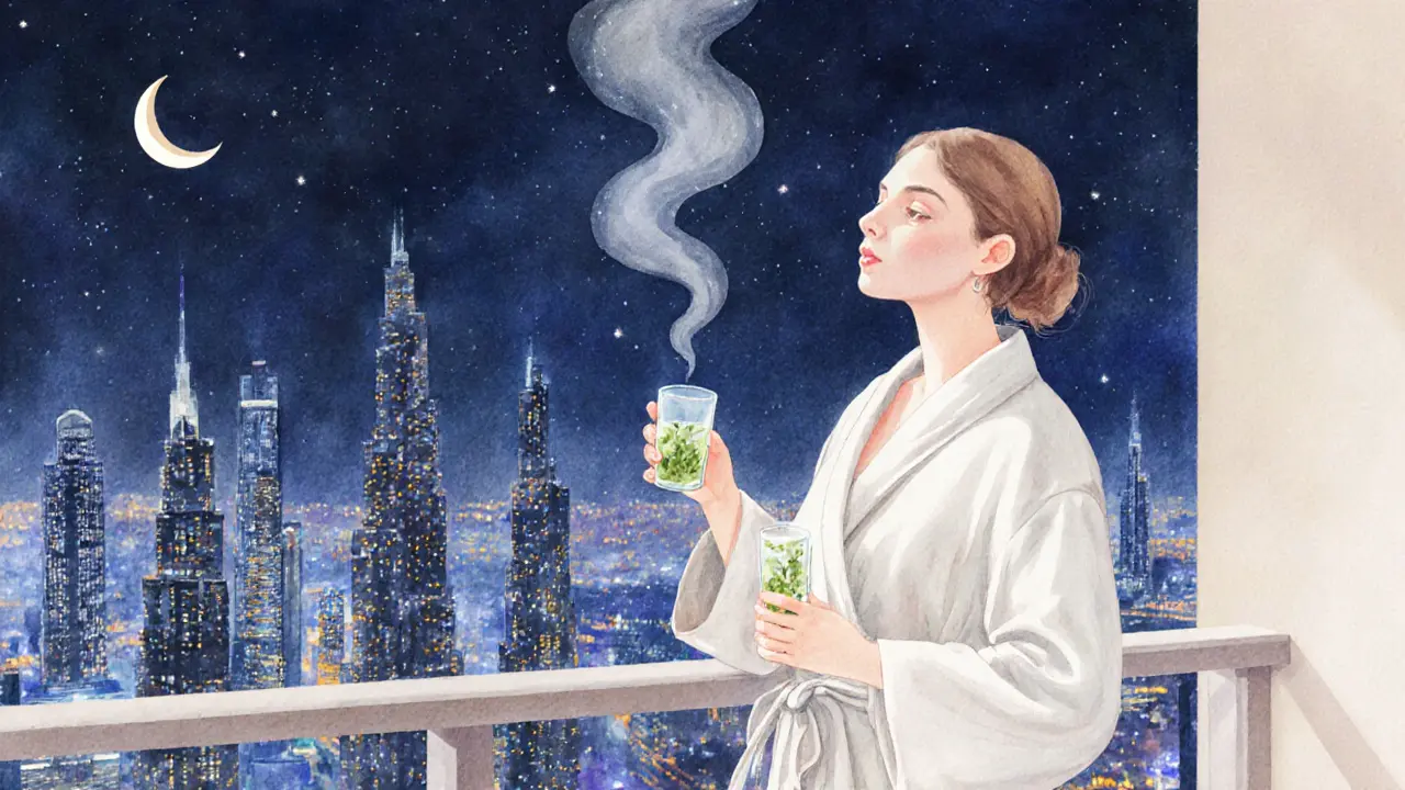 Watercolor of a relaxed traveler on a balcony overlooking Dubai at night.