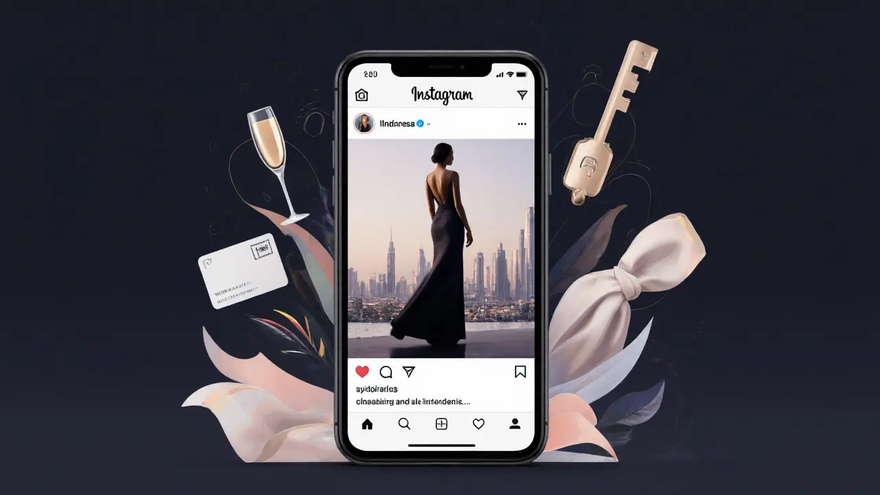 A blurred silhouette of a woman in evening dress against Dubai&#039;s skyline, represented through abstract luxury symbols.