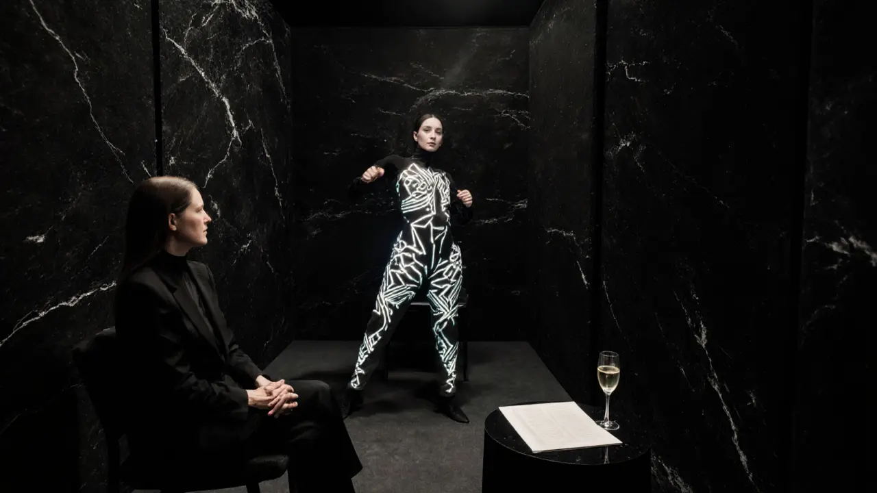A dancer in glowing LED attire performs a precise routine in a minimalist private room with black marble walls.