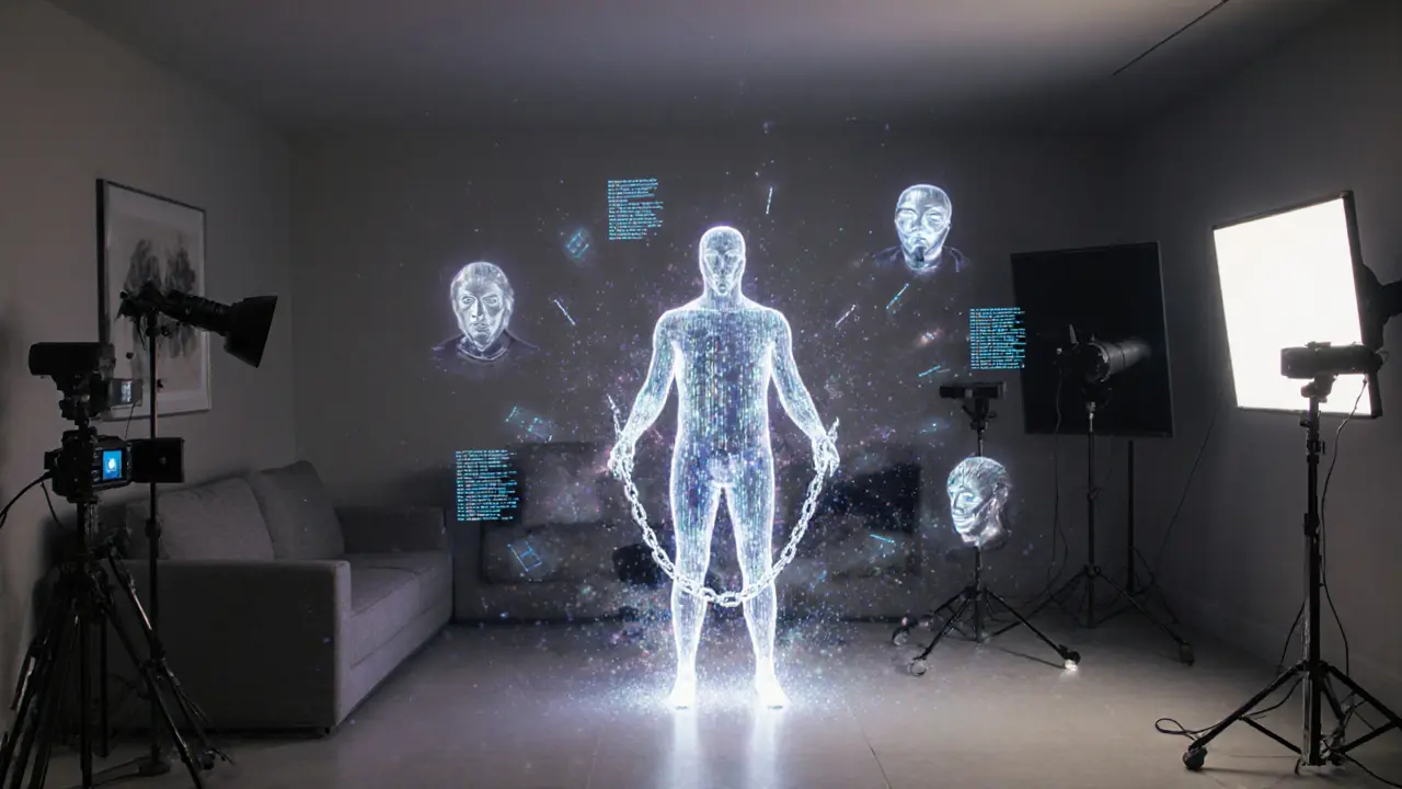 A data-formed figure breaking free from old production equipment, surrounded by floating AI avatars in a modern Dubai room.
