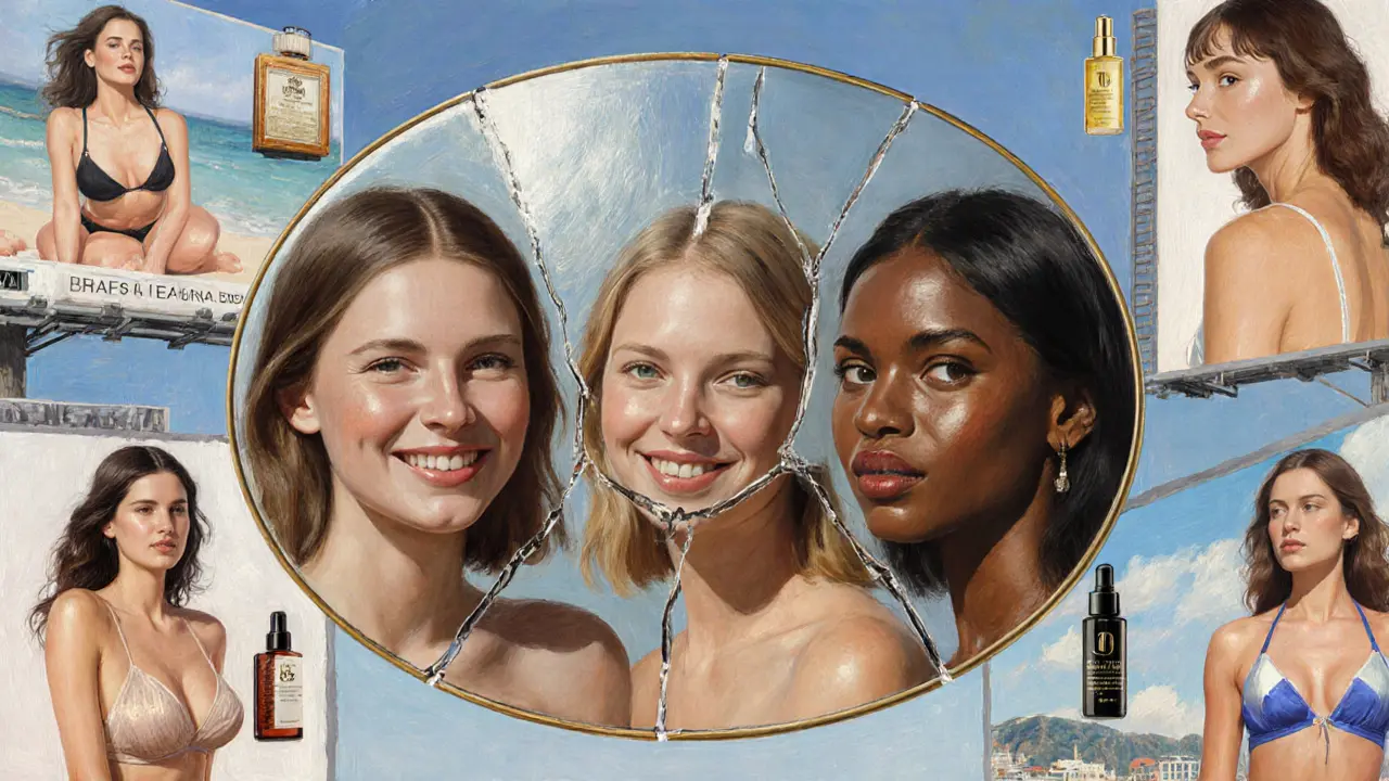 A fragmented mirror shows different women’s faces, surrounded by luxury ads, symbolizing narrow beauty standards in Dubai’s underground industry.