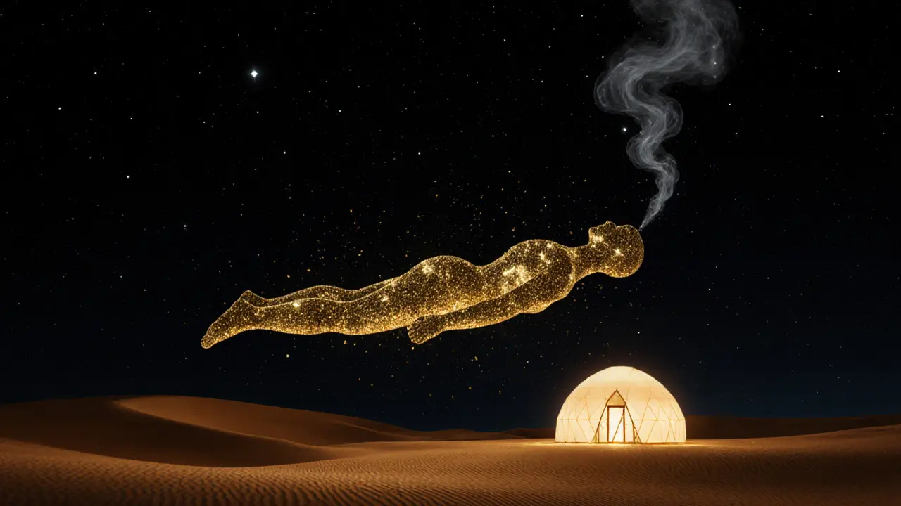 A glowing human form surrounded by floating gold flakes in a starlit desert spa setting.