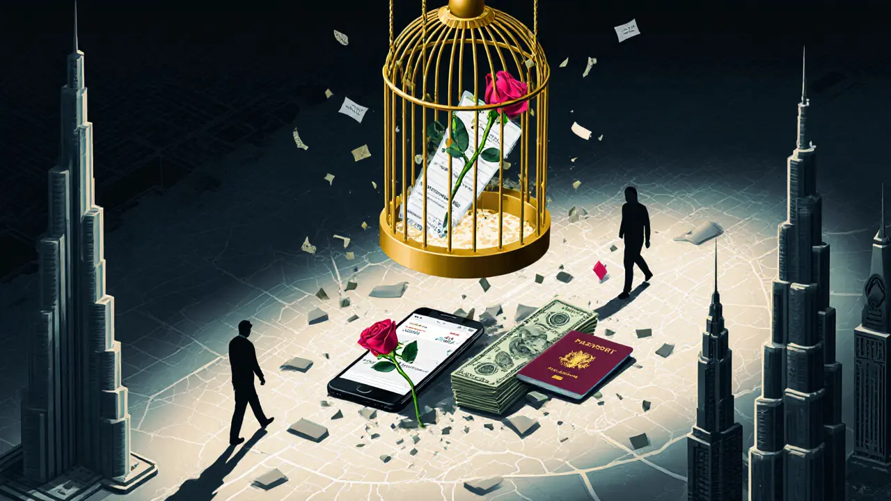 A golden cage holding symbols of escort services, crumbling above Dubai&#039;s skyline, representing risk and illusion.