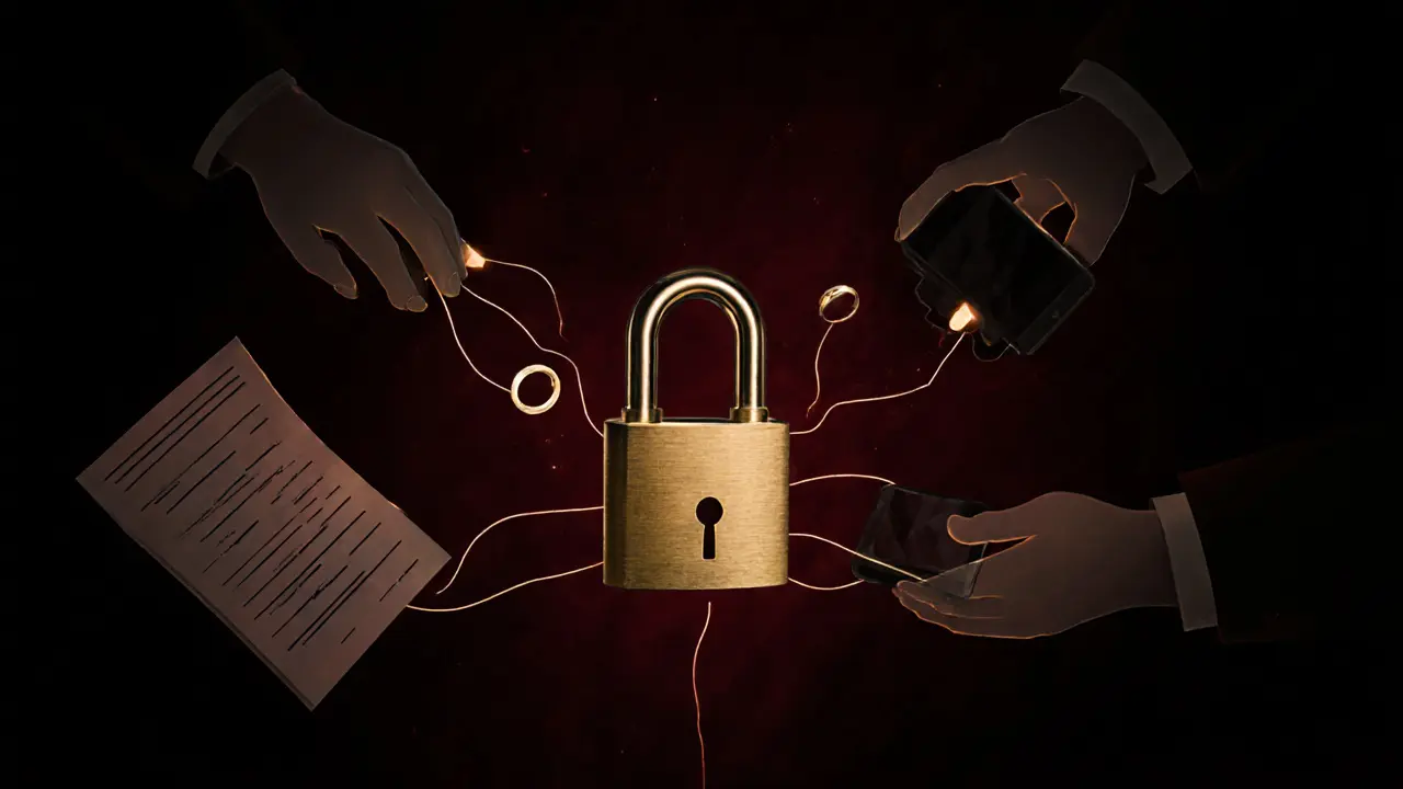 A golden key turning in a lock, with floating symbols of marriage, documents, and a phone representing hidden power alliances.