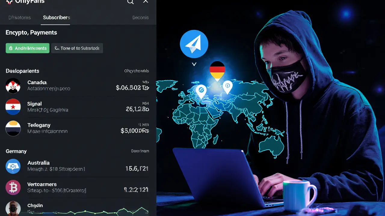A masked creator monitoring OnlyFans analytics and encrypted messages on a laptop, with global fan locations displayed digitally.