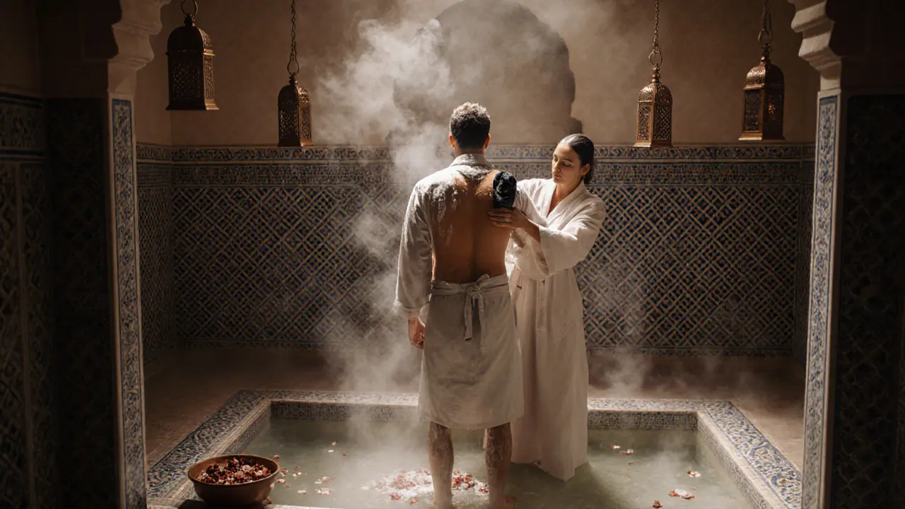 A person undergoing a traditional Arabian Hammam ritual in a steamy, tiled room with kessa gloves.