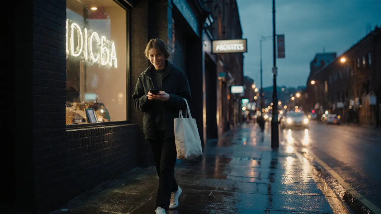 A person walking past a discreet building in Manchester at dusk, phone in hand, quiet city lights behind.