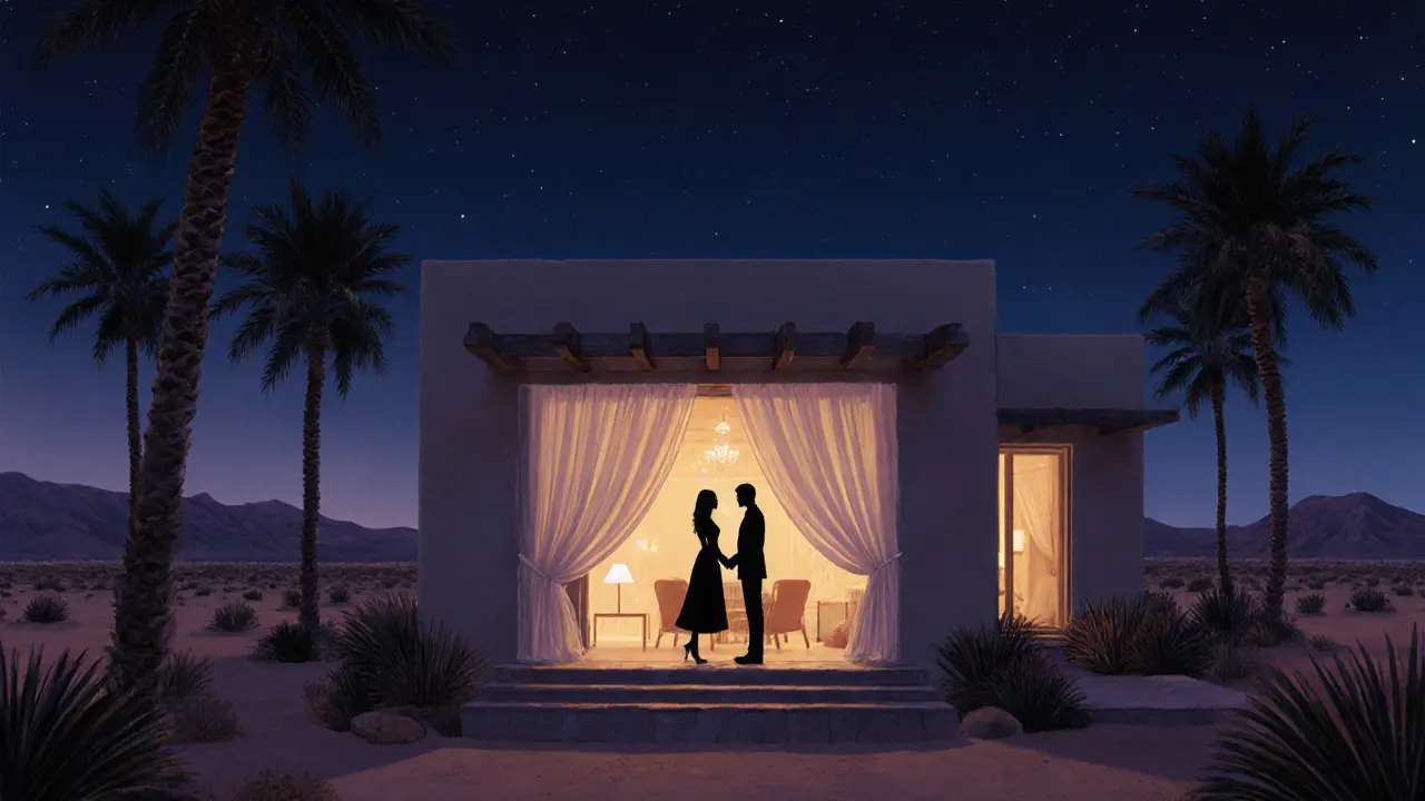 A private villa at night in a luxury resort, warm light glowing through curtains, surrounded by desert palms.
